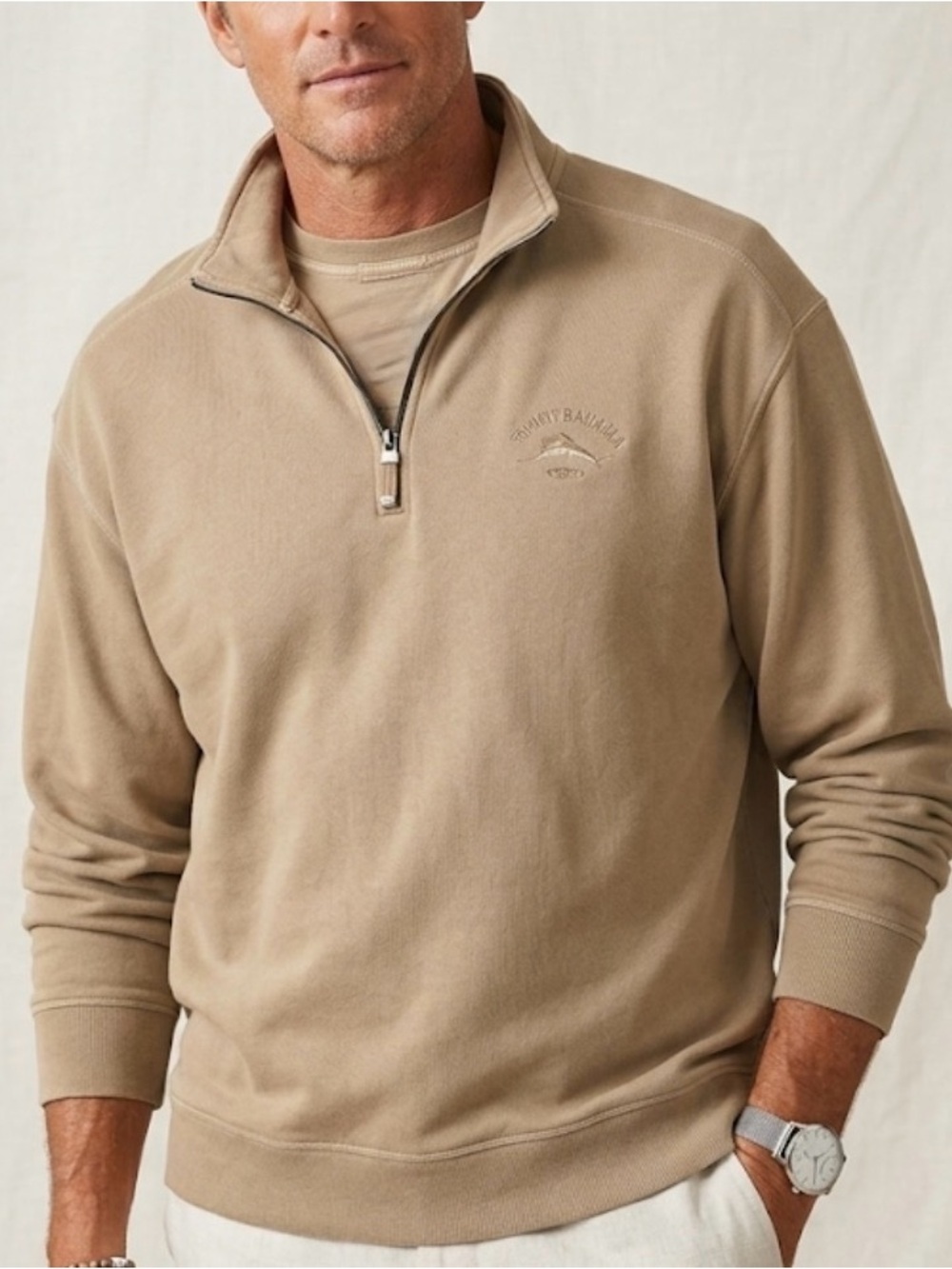Tommy Bahama Relax Quarter Zip Sweatshirt XL Tan Cotton Sailfish Pullover